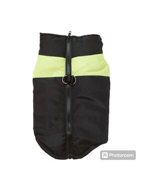 Black Dog Winter Coat with Fluorescent Green Stripe - Zipper Closure, Size Small